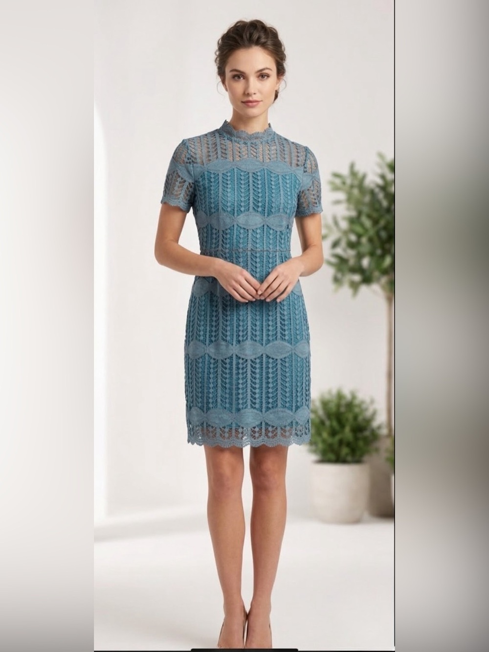 NSR by Nordstrom Teal Lace Sheath Dress Mock Neck Cocktail Wedding Guest Size S